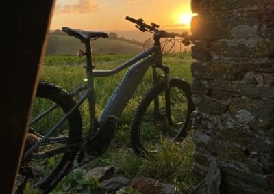 E Mountain bike with sunset and brick wall